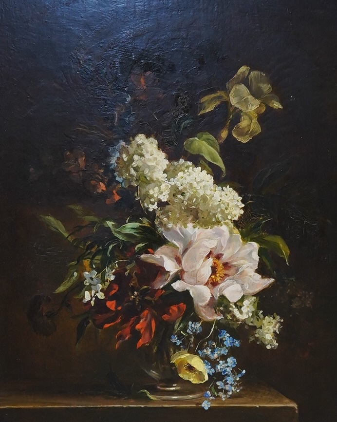 R. Hanson, oil on board, Still life, ‘Flower piece’, unsigned, label verso, 49 x 39cm, ornately framed. Condition - good